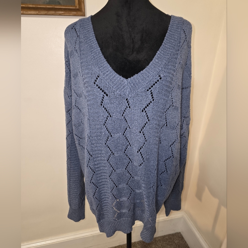 Dusty Blue V-Neck Openwork Knit Sweater